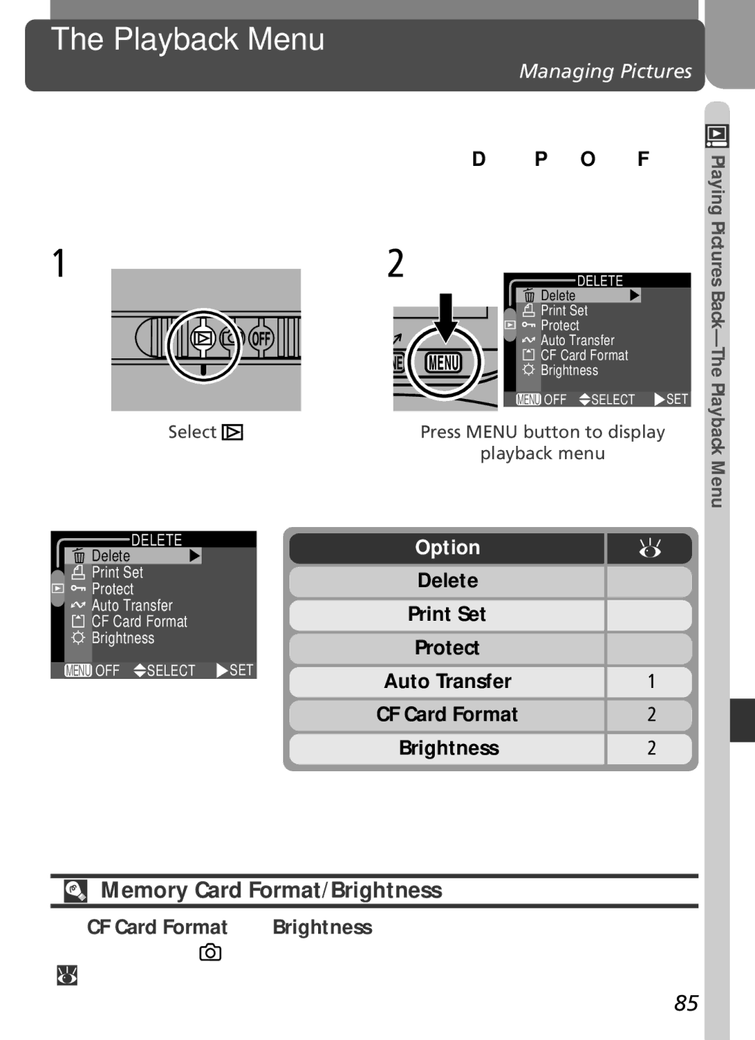 Nikon 2500 manual Playback Menu, Memory Card Format/Brightness, Managing Pictures, To view the playback menu 