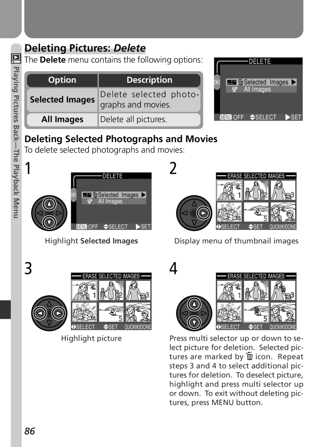 Nikon 2500 manual Deleting Pictures Delete, Deleting Selected Photographs and Movies 