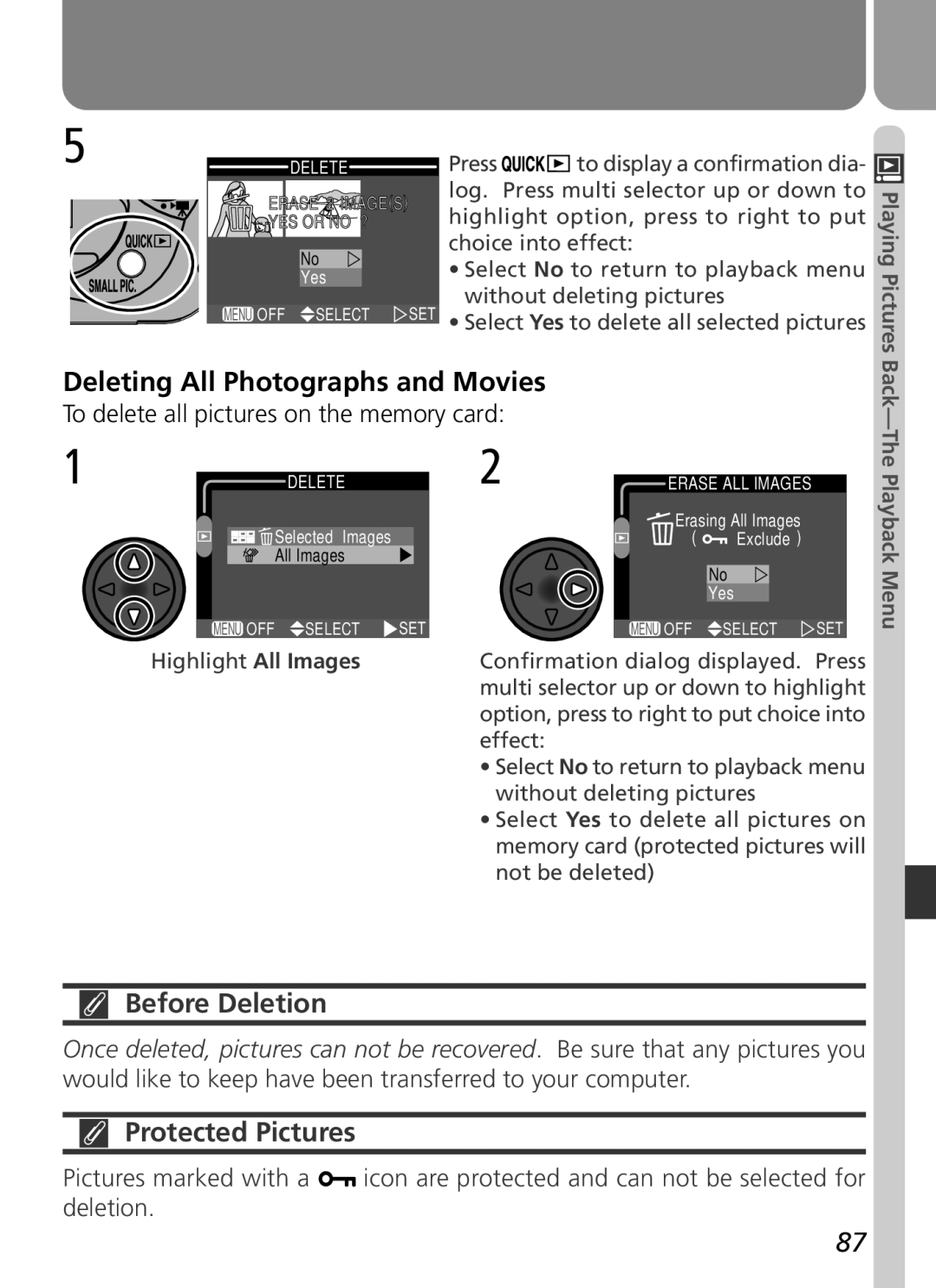 Nikon 2500 manual Deleting All Photographs and Movies, Before Deletion, Protected Pictures 