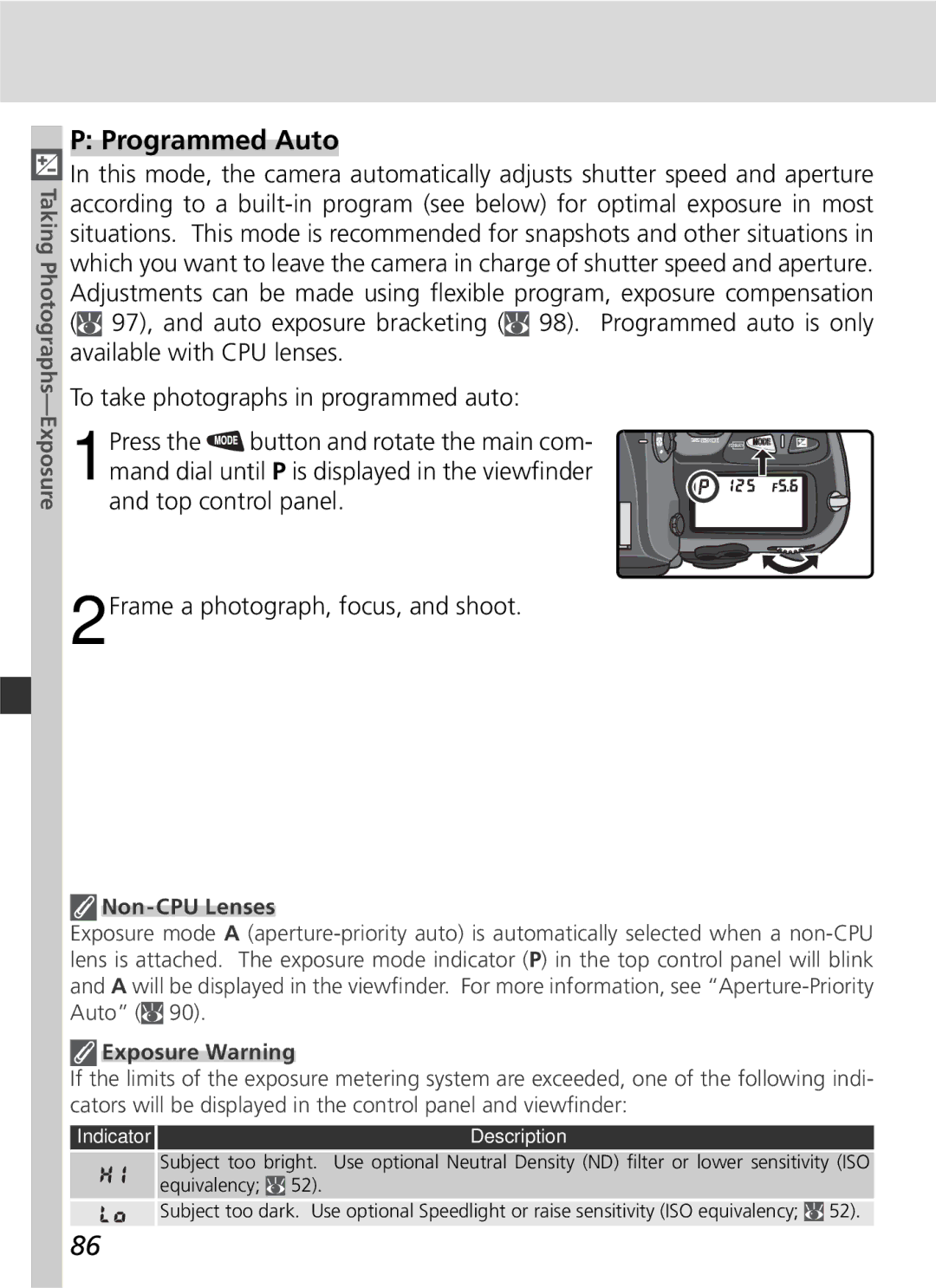 Nikon 25215 manual Programmed Auto, Non-CPU Lenses, Exposure Warning 