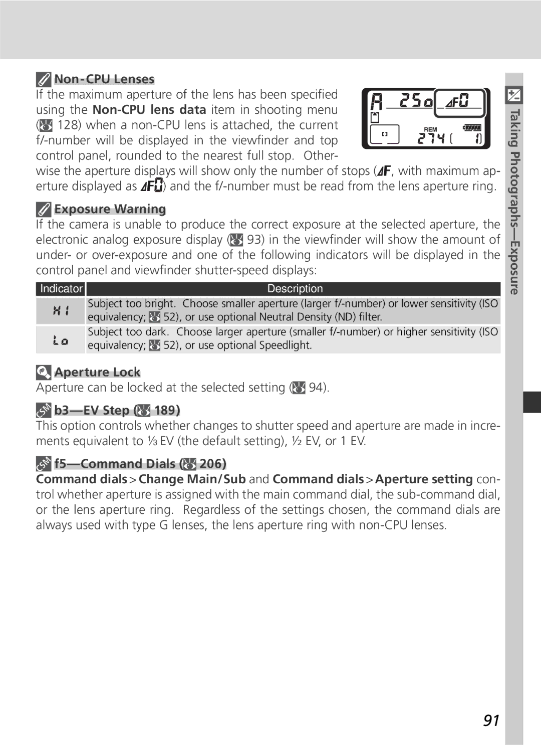 Nikon 25215 manual Aperture Lock, F5-Command Dials 