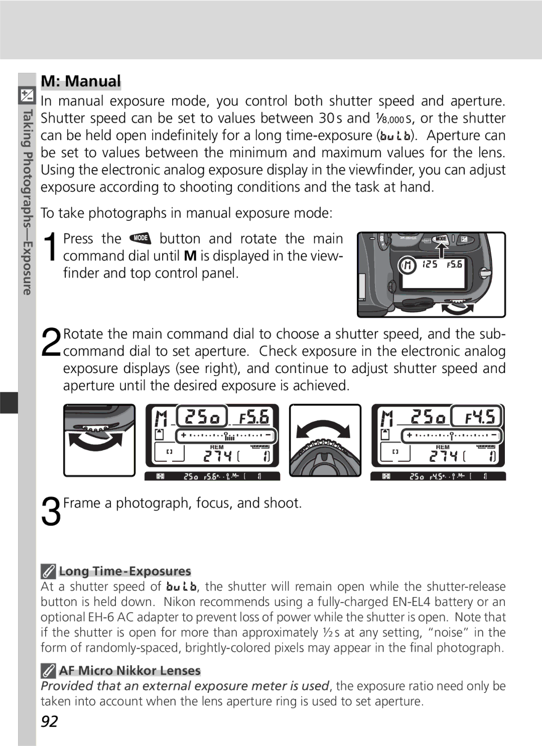 Nikon 25215 manual Manual, Long Time-Exposures, AF Micro Nikkor Lenses 