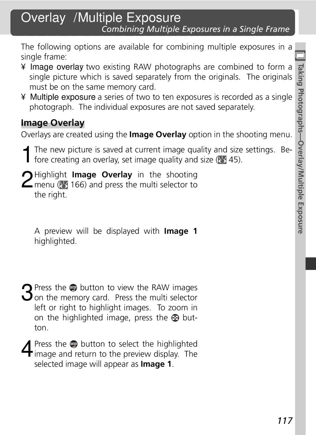 Nikon 25215 manual Overlay/Multiple Exposure, Image Overlay, 117, Combining Multiple Exposures in a Single Frame 