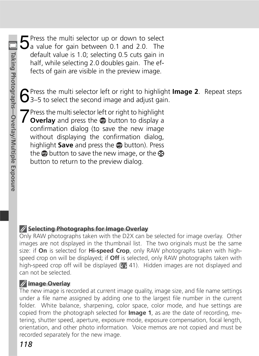 Nikon 25215 manual 118, Selecting Photographs for Image Overlay 