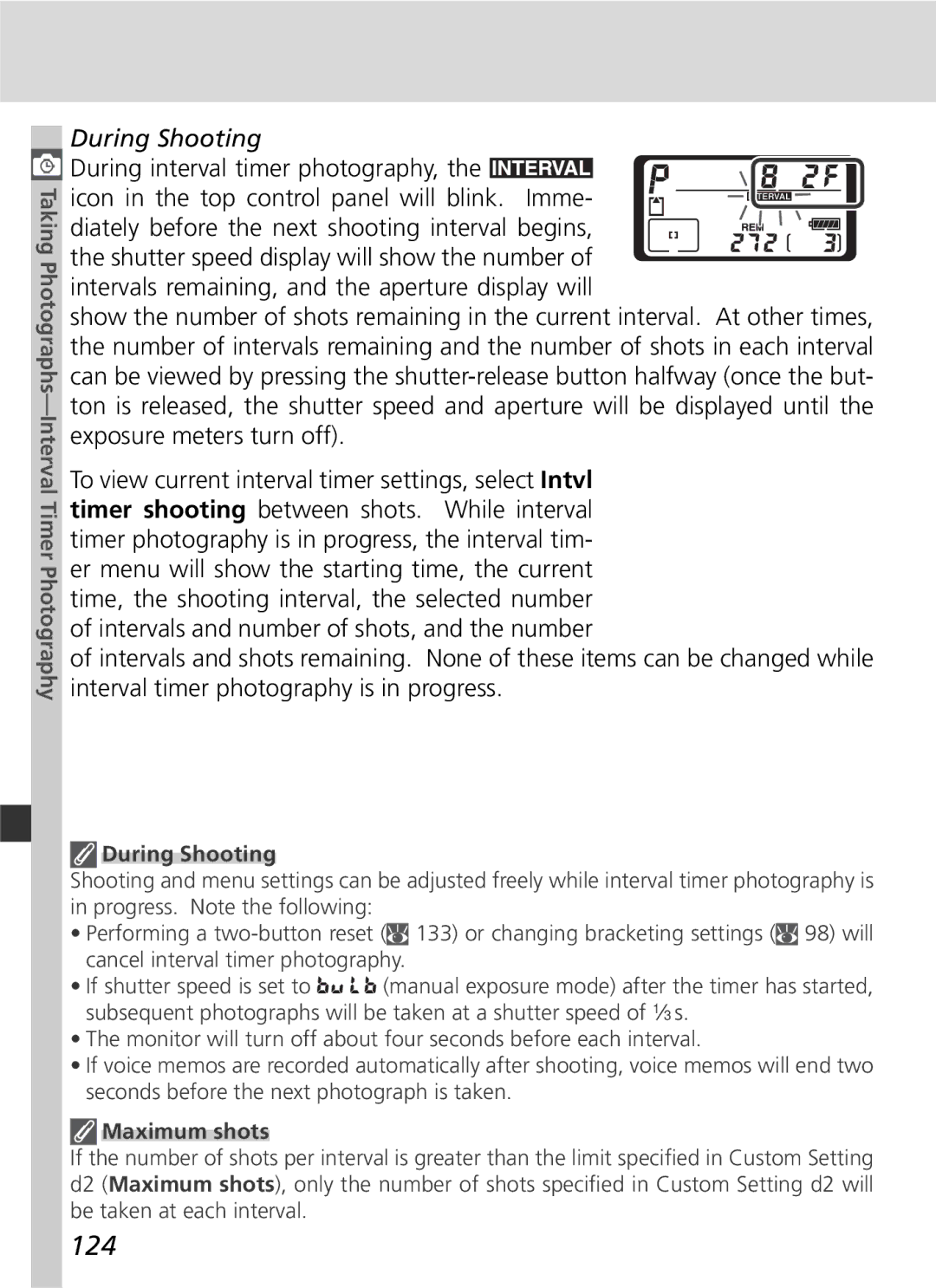 Nikon 25215 manual 124, During Shooting, Maximum shots 