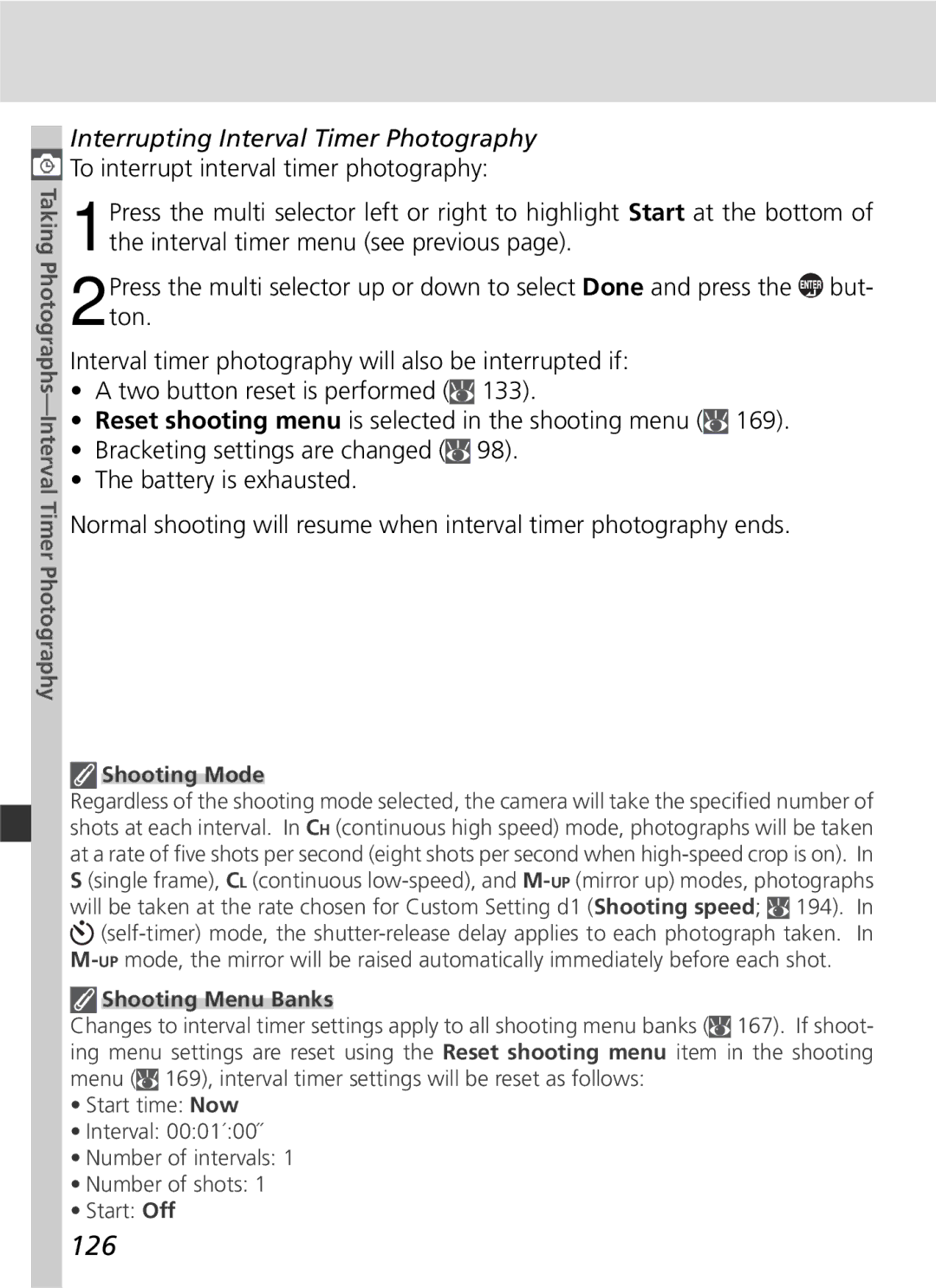 Nikon 25215 manual 126, Interrupting Interval Timer Photography, Shooting Menu Banks 