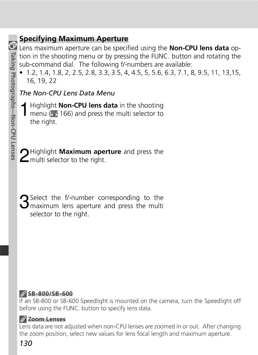 Nikon 25215 manual Specifying Maximum Aperture, 130, SB-800/SB-600, Zoom Lenses 