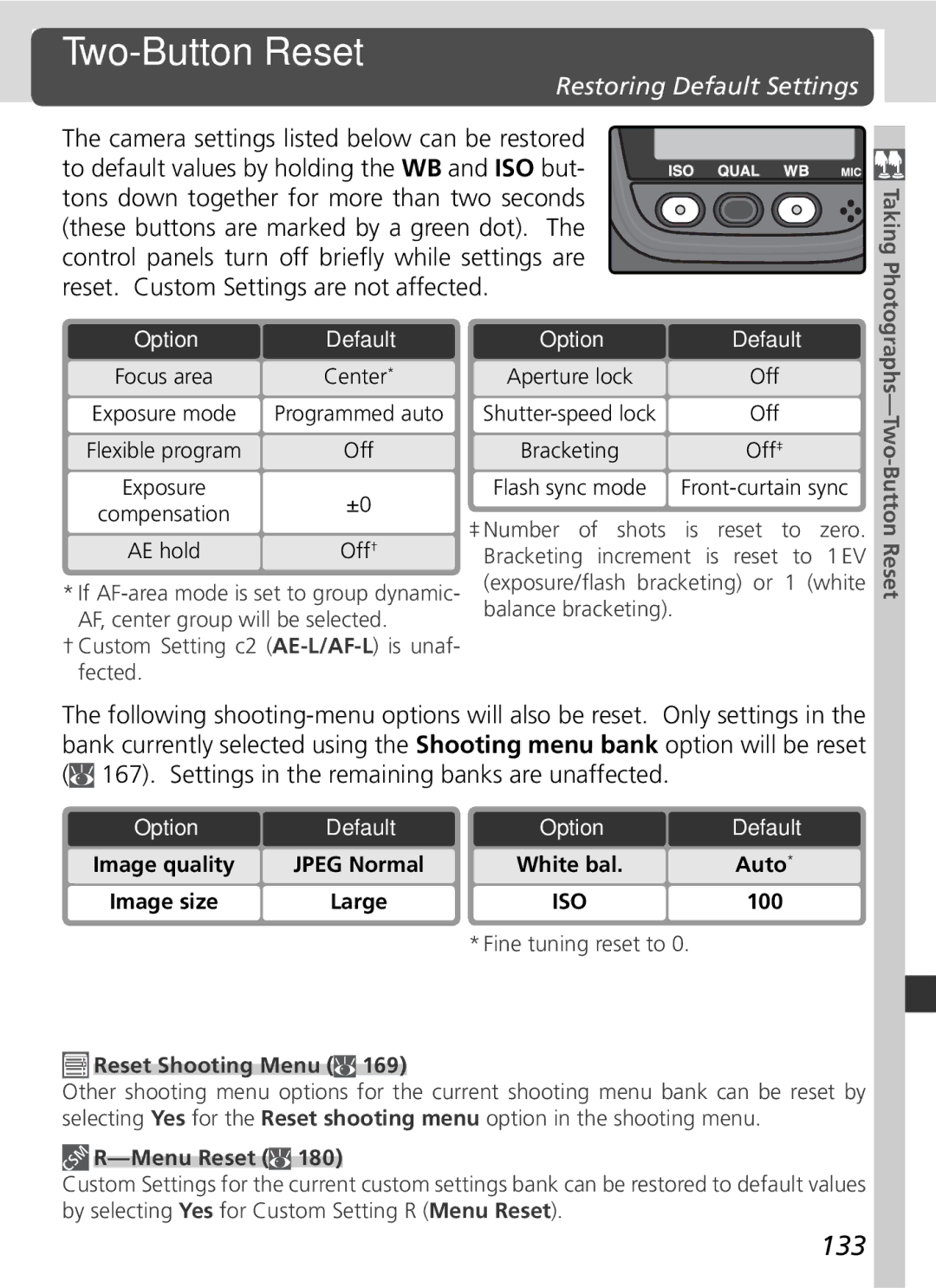 Nikon 25215 manual Two-Button Reset, 133, Restoring Default Settings, Fine tuning reset to Reset Shooting Menu, Menu Reset 