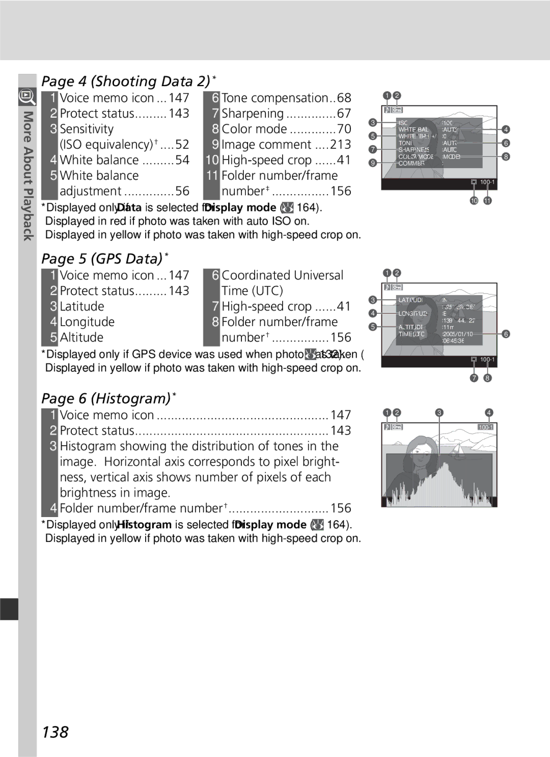 Nikon 25215 manual 138, Shooting Data, GPS Data, Histogram 