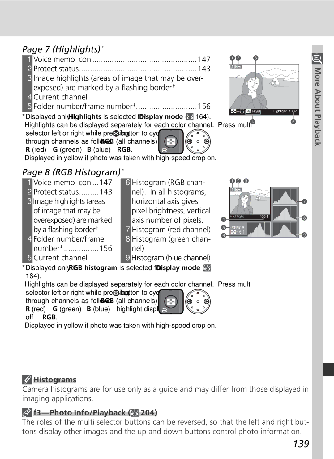 Nikon 25215 manual 139, Highlights, RGB Histogram, Histograms, F3-Photo Info/Playback 