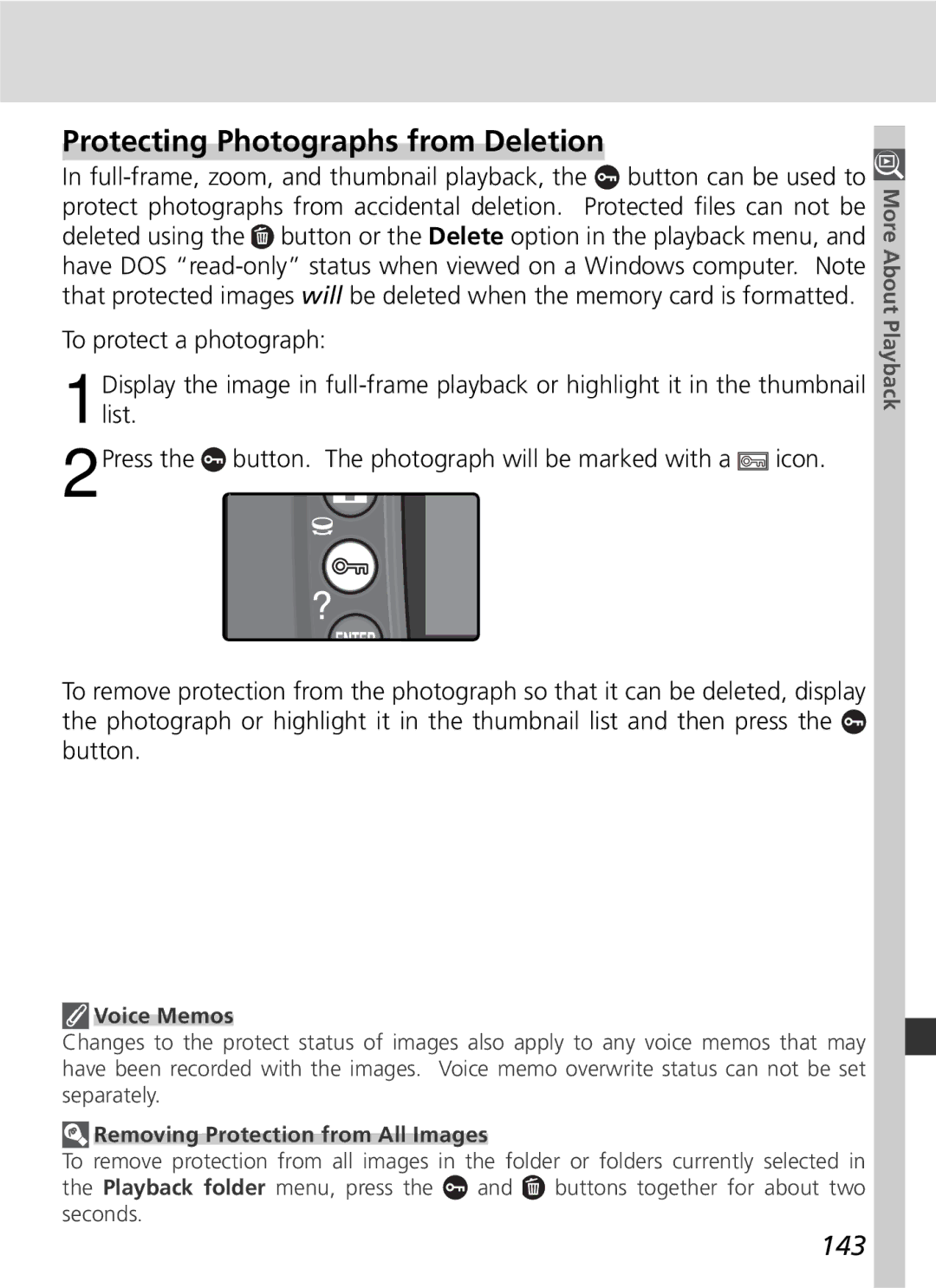 Nikon 25215 manual Protecting Photographs from Deletion, 143, Removing Protection from All Images 