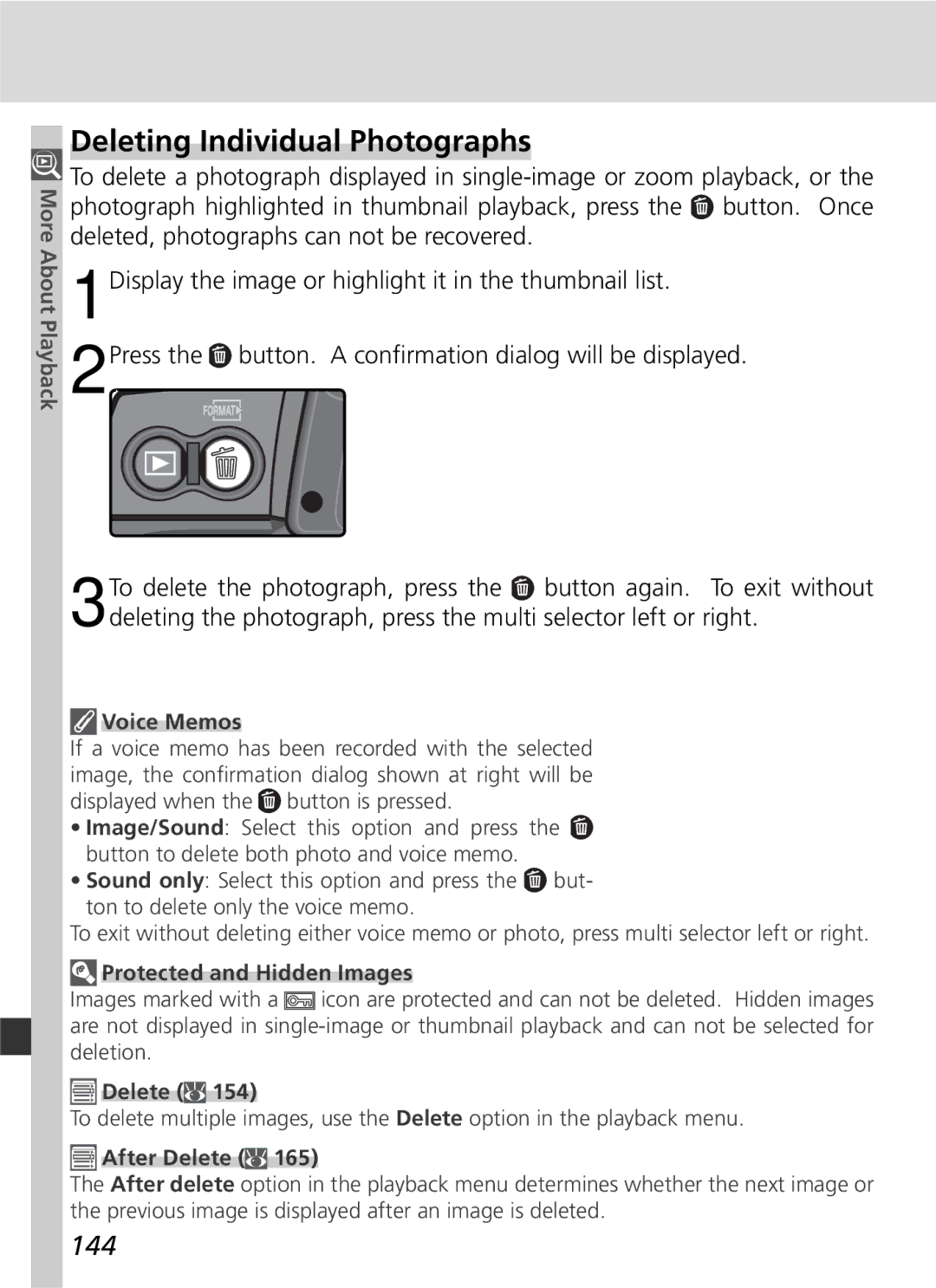 Nikon 25215 manual Deleting Individual Photographs, 144, Protected and Hidden Images, After Delete 