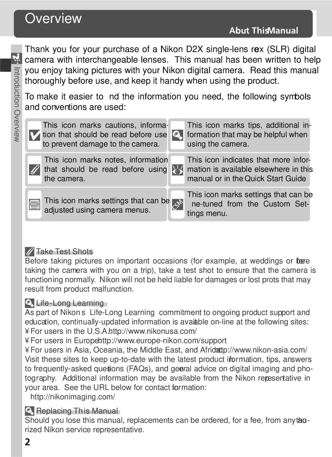 Nikon 25215 manual Overview, About This Manual, Take Test Shots, Life-Long Learning, Replacing This Manual 