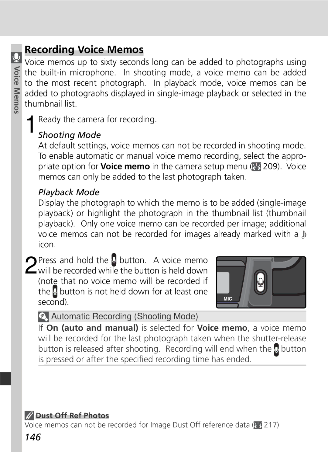 Nikon 25215 manual Recording Voice Memos, 146, Playback Mode, Dust Off Ref Photos 