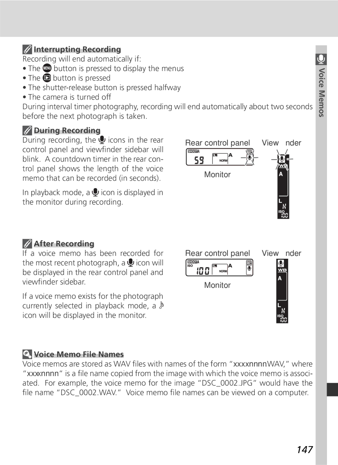 Nikon 25215 manual 147, Interrupting Recording, During Recording, After Recording, Voice Memo File Names 