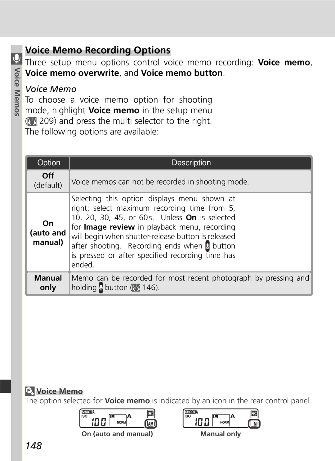 Nikon 25215 manual Voice Memo Recording Options, 148 