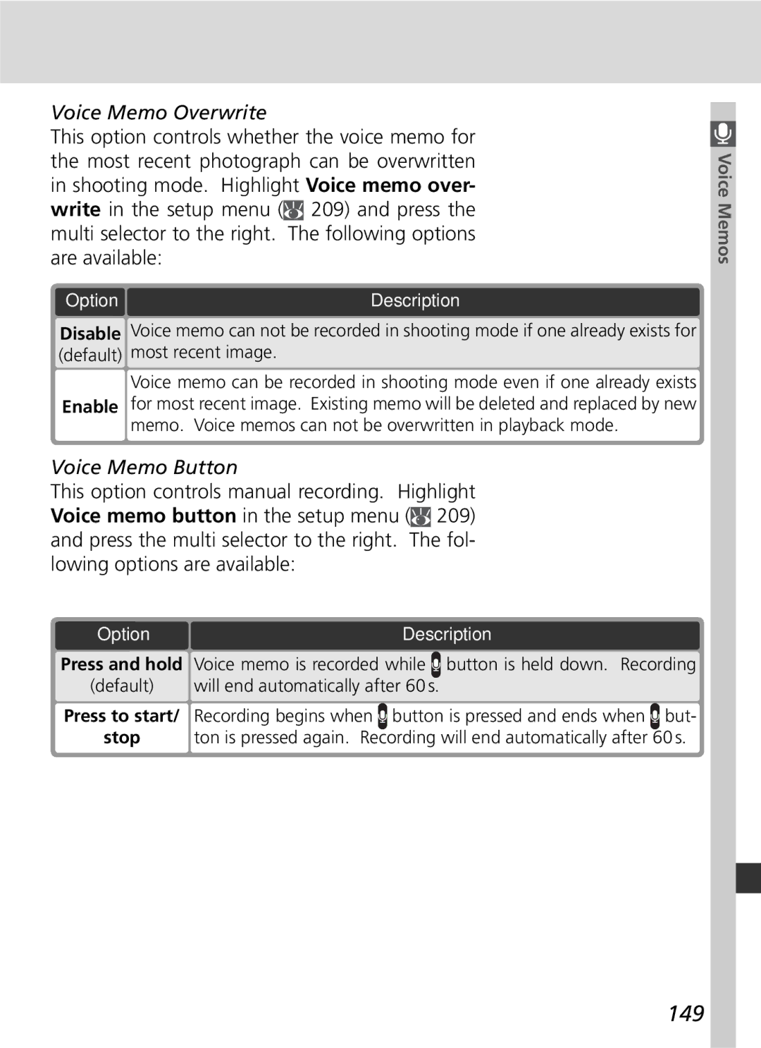 Nikon 25215 manual 149, Voice Memo Overwrite, Voice Memo Button, ToOption Description 