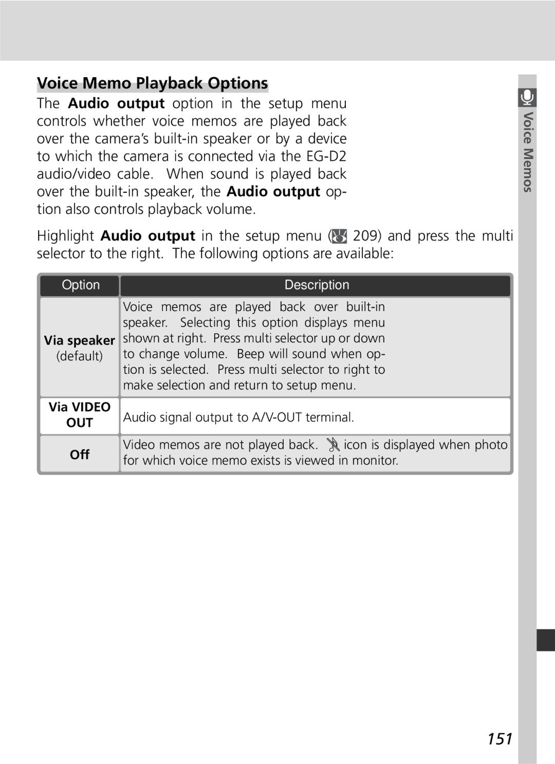 Nikon 25215 manual Voice Memo Playback Options, 151, OptionTo, Via Video 