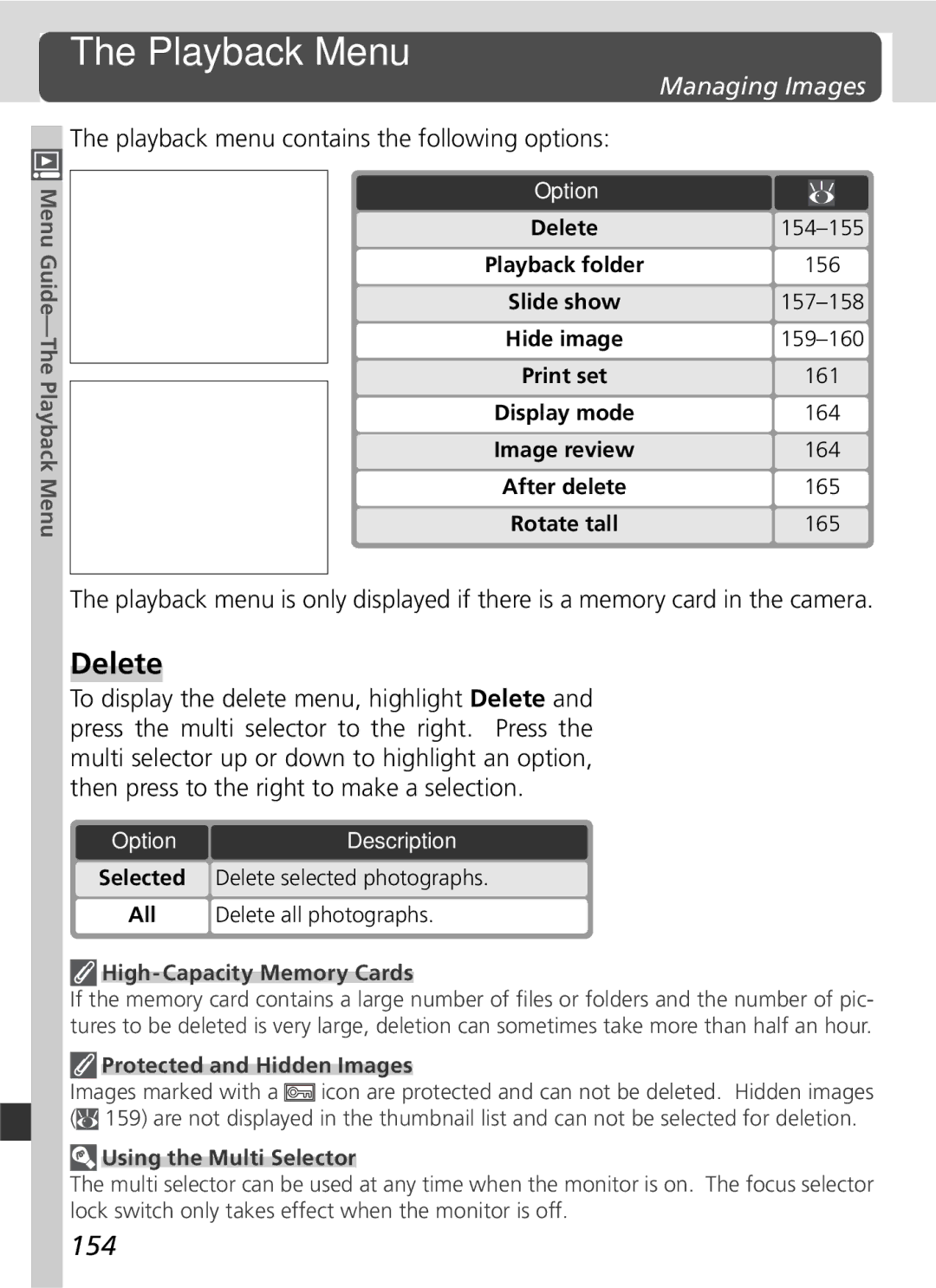 Nikon 25215 manual Playback Menu, Delete, 154, Managing Images, Playback menu contains the following options 