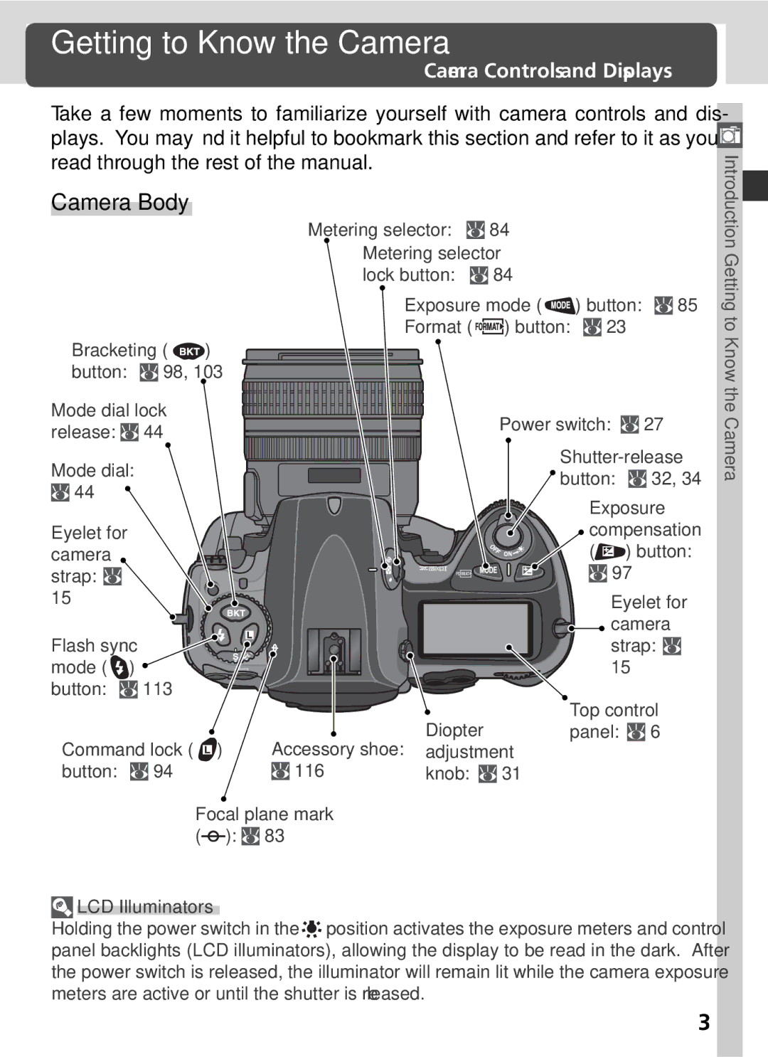 Nikon 25215 manual Getting to Know the Camera, Camera Body, Camera Controls and Displays, LCD Illuminators 