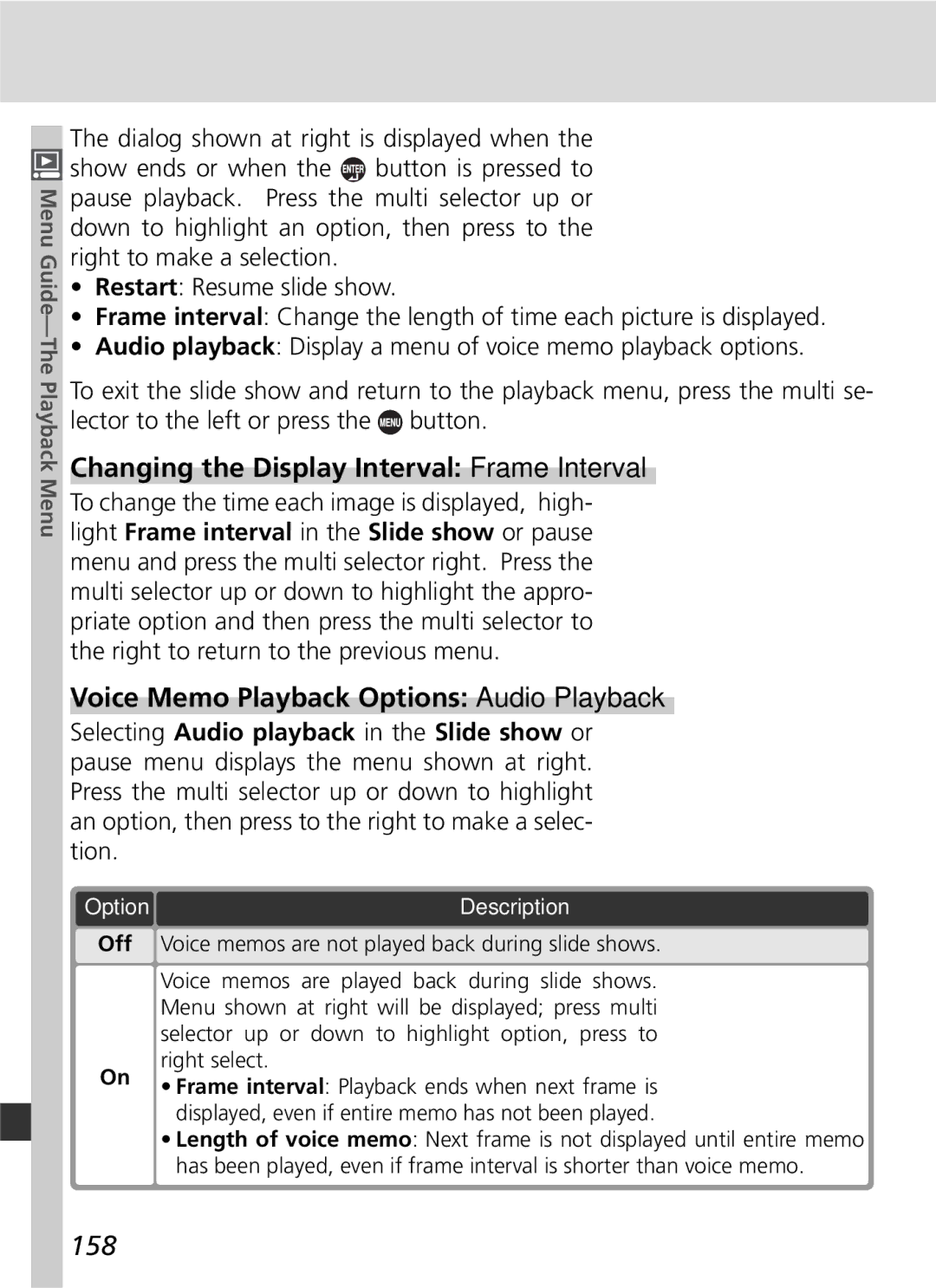 Nikon 25215 manual Changing the Display Interval Frame Interval, Voice Memo Playback Options Audio Playback, 158 