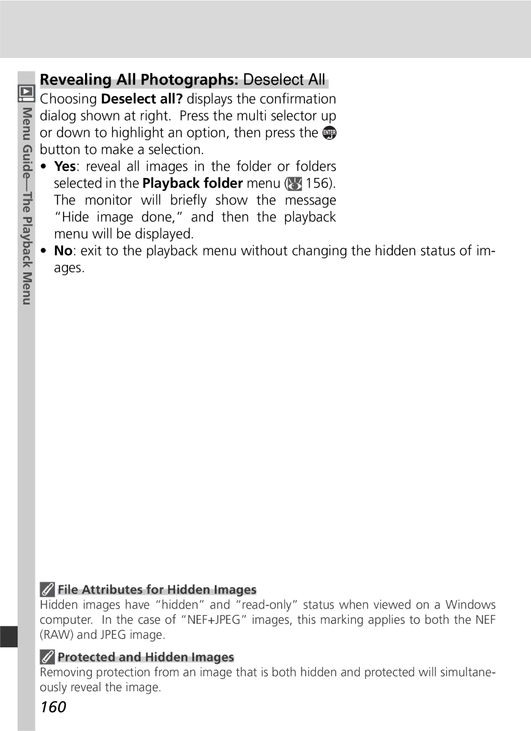 Nikon 25215 manual Revealing All Photographs Deselect All, 160, File Attributes for Hidden Images 