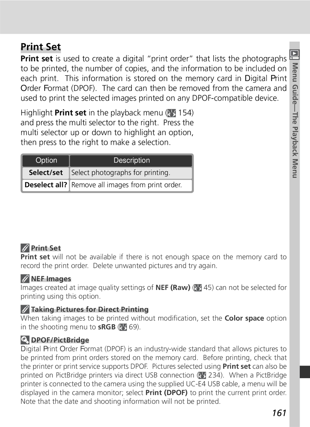 Nikon 25215 manual Print Set, 161 