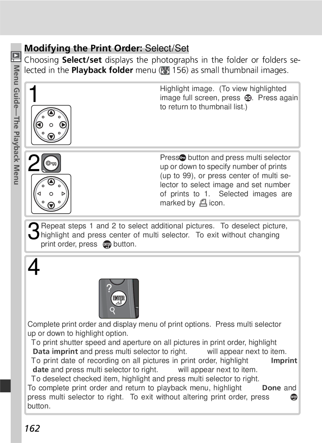 Nikon 25215 manual Modifying the Print Order Select/Set, 162 