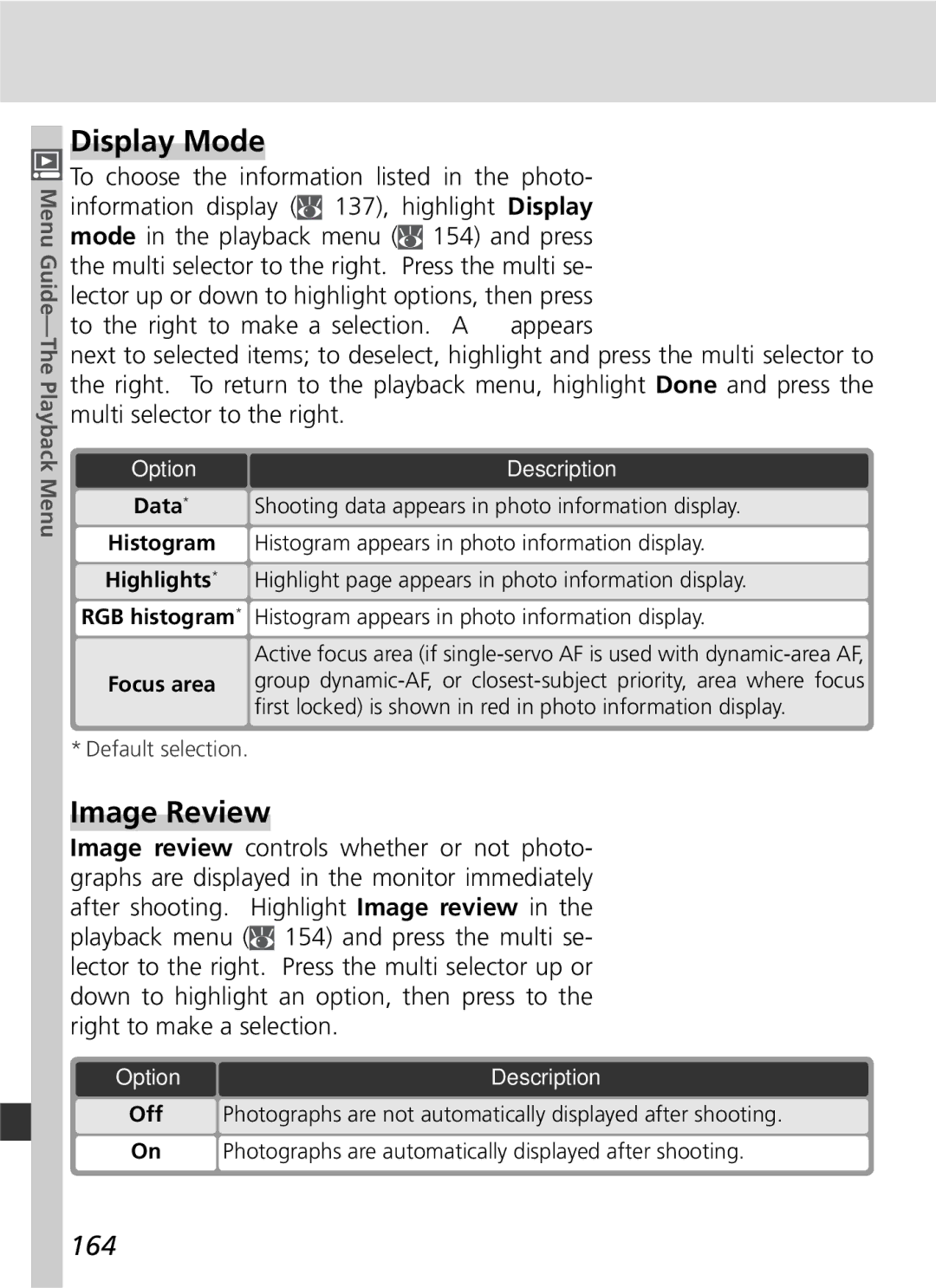 Nikon 25215 manual Display Mode, Image Review, 164, Data 