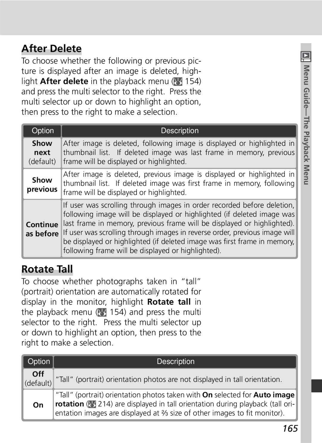 Nikon 25215 manual After Delete, Rotate Tall, 165, Frame will be displayed or highlighted 