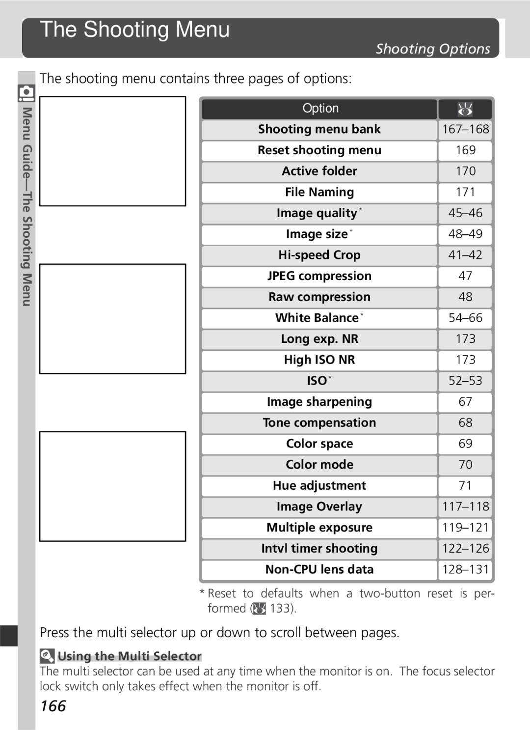 Nikon 25215 manual Shooting Menu, 166, Shooting Options, Shooting menu contains three pages of options 