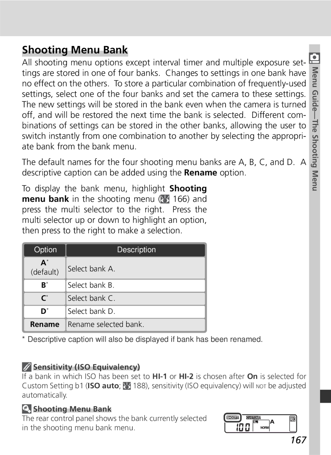 Nikon 25215 manual Shooting Menu Bank, 167, Sensitivity ISO Equivalency 