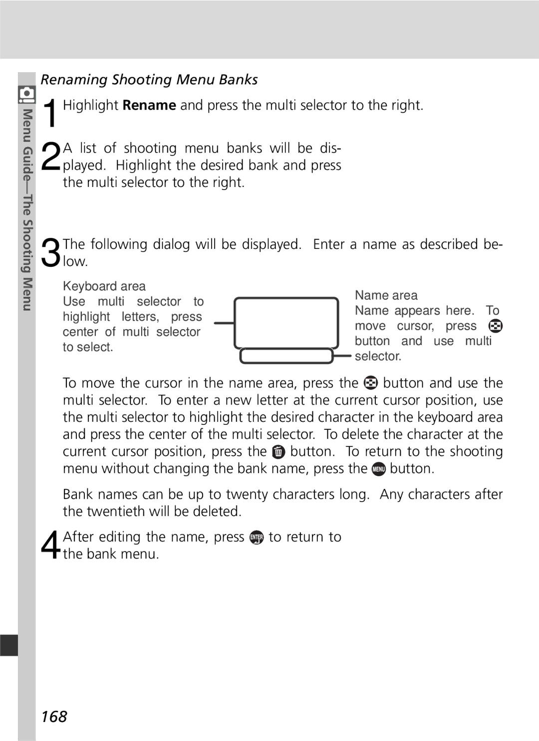 Nikon 25215 manual 168, Renaming Shooting Menu Banks, Following dialog will be displayed. low, Enter a name as described be 