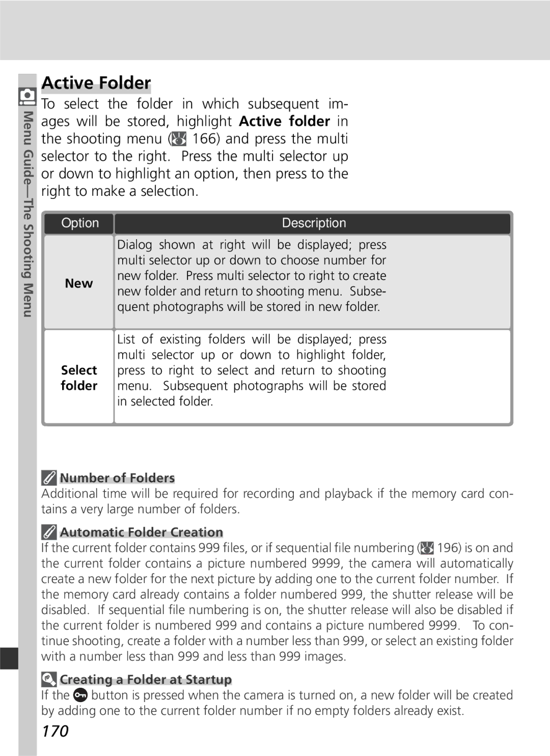 Nikon 25215 manual Active Folder, 170, Number of Folders, Automatic Folder Creation, Creating a Folder at Startup 