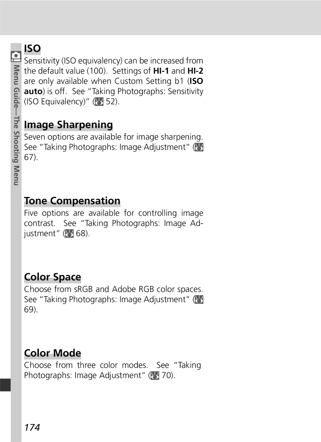 Nikon 25215 manual Image Sharpening, Tone Compensation, Color Space, Color Mode, 174 