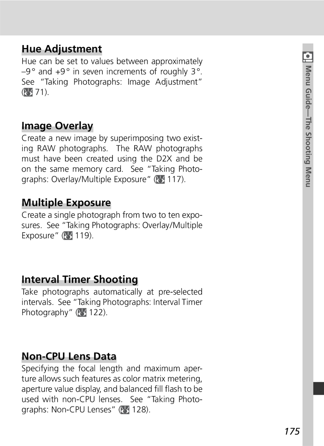 Nikon 25215 manual Hue Adjustment, Image Overlay, Multiple Exposure, Interval Timer Shooting, Non-CPU Lens Data 