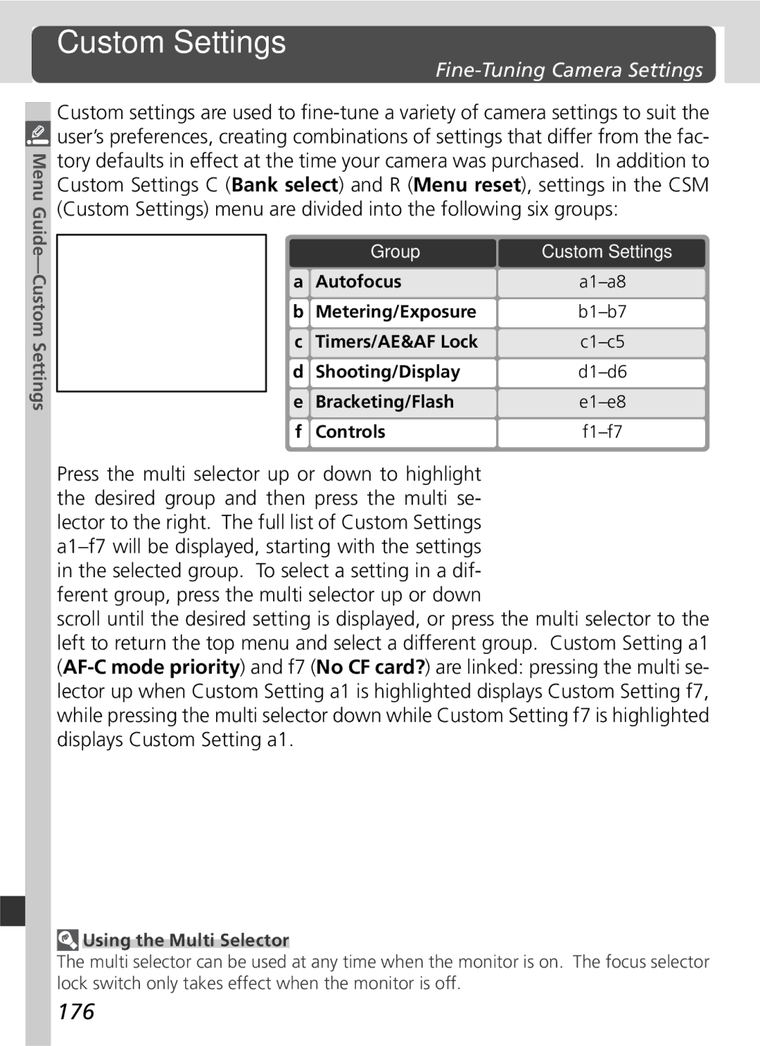 Nikon 25215 manual Custom Settings, 176, Fine-Tuning Camera Settings, Group 