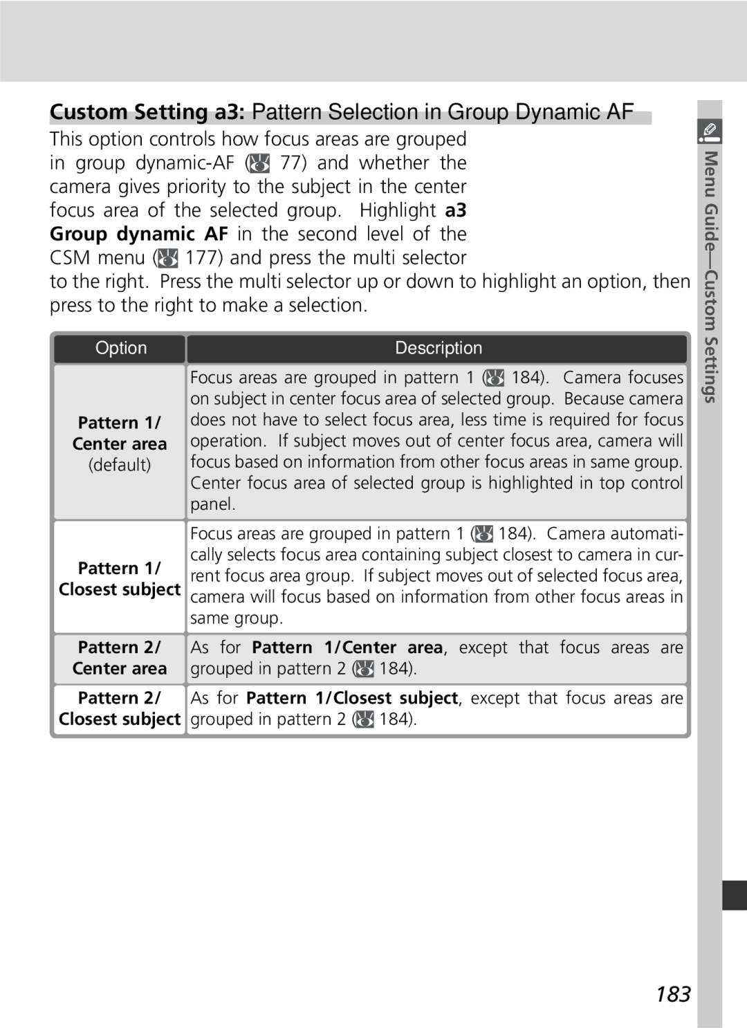 Nikon 25215 manual Custom Setting a3 Pattern Selection in Group Dynamic AF, 183, Pattern Center area 