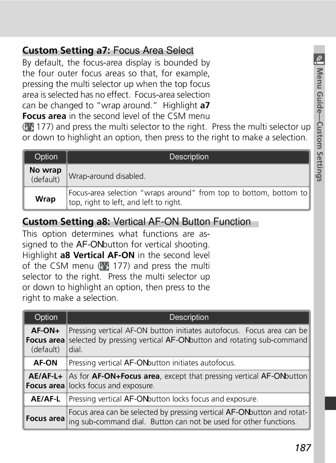 Nikon 25215 manual Custom Setting a7 Focus Area Select, Custom Setting a8 Vertical AF-ON Button Function, 187 