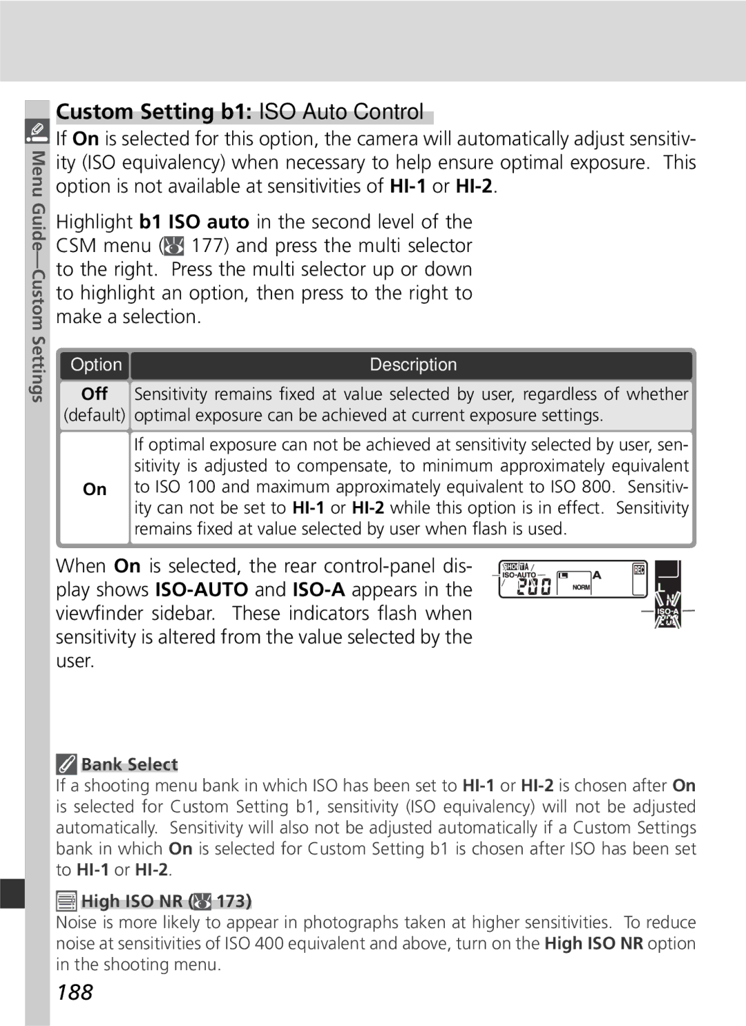 Nikon 25215 manual Custom Setting b1 ISO Auto Control, 188, Bank Select 