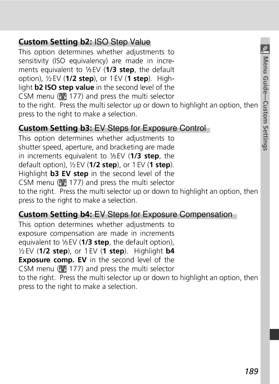 Nikon 25215 manual Custom Setting b2 ISO Step Value, Custom Setting b3 EV Steps for Exposure Control, 189, EV 1/3 step 