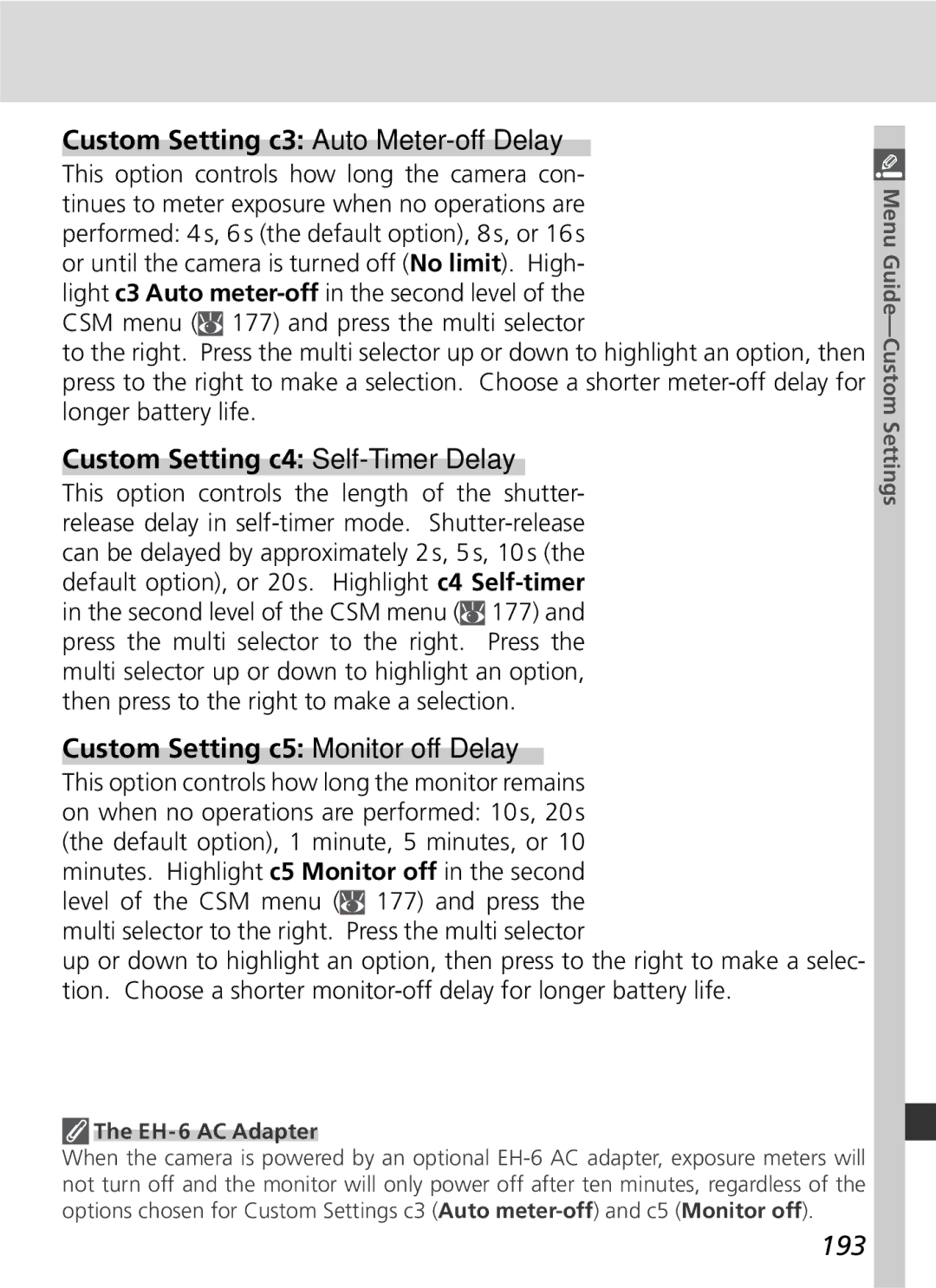 Nikon 25215 manual Custom Setting c3 Auto Meter-off Delay, Custom Setting c4 Self-Timer Delay, 193, EH-6 AC Adapter 