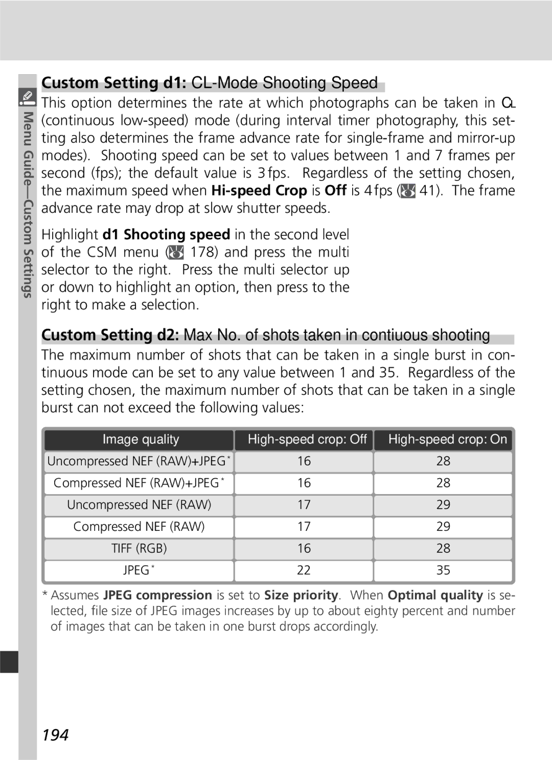 Nikon 25215 manual Custom Setting d1 CL-Mode Shooting Speed, 194 