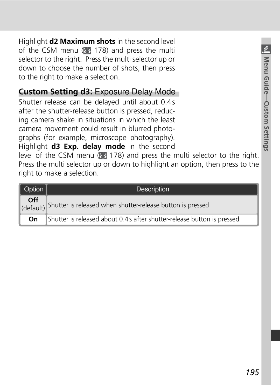 Nikon 25215 manual Custom Setting d3 Exposure Delay Mode, 195 