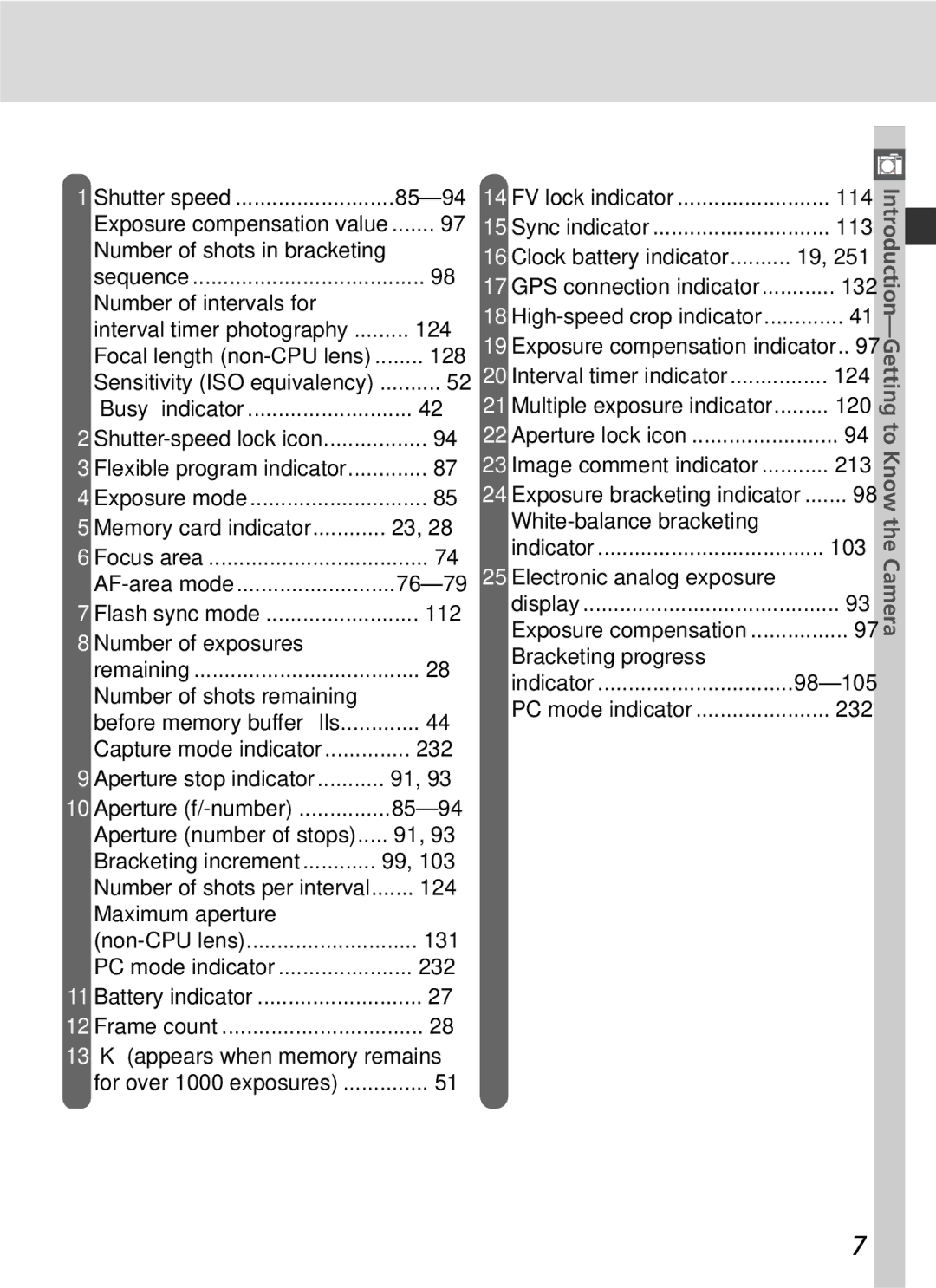 Nikon 25215 85-94, Number of shots in bracketing, Number of intervals for, 124, 76-79, Number of exposures, 232, 131, 113 