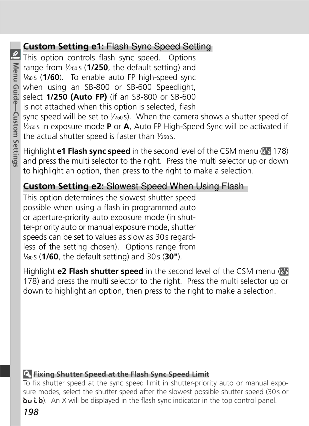 Nikon 25215 Custom Setting e2 Slowest Speed When Using Flash, 198, Fixing Shutter Speed at the Flash Sync Speed Limit 