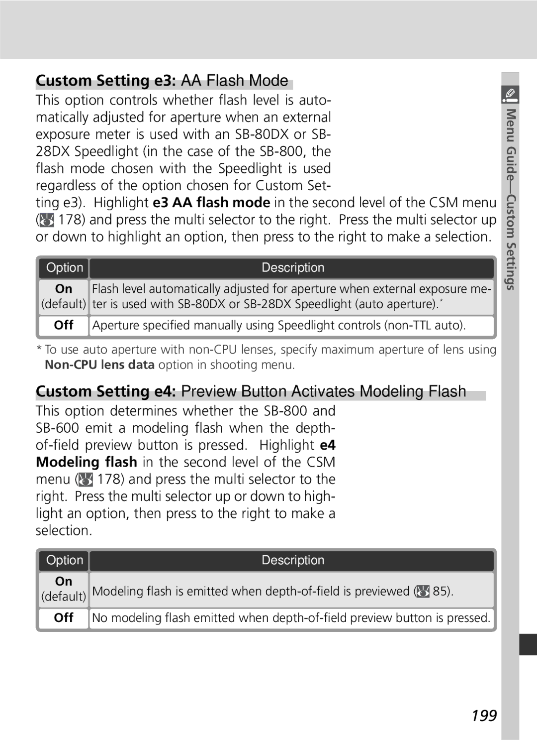 Nikon 25215 manual Custom Setting e3 AA Flash Mode, Custom Setting e4 Preview Button Activates Modeling Flash, 199 