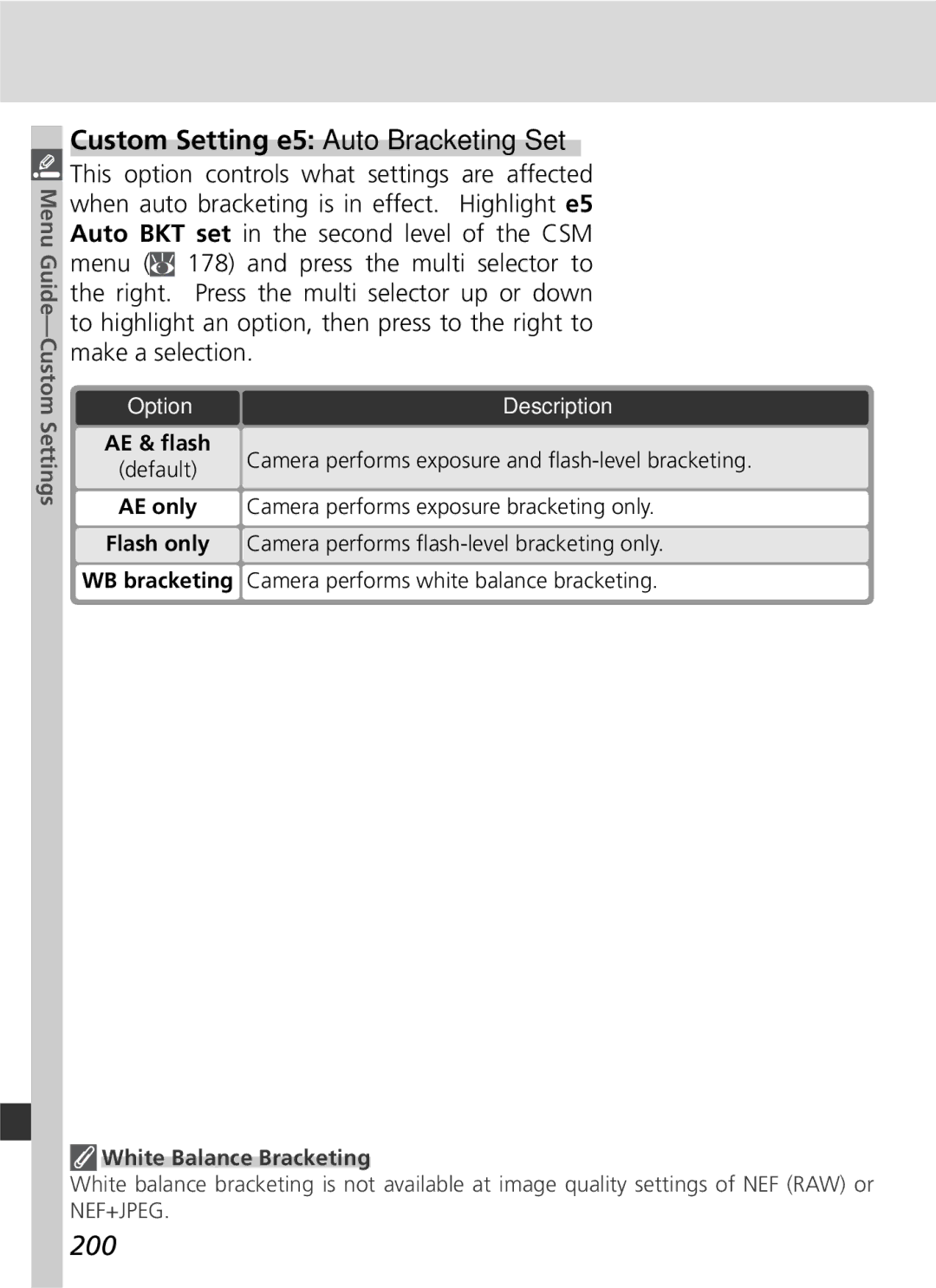 Nikon 25215 manual Custom Setting e5 Auto Bracketing Set, 200 