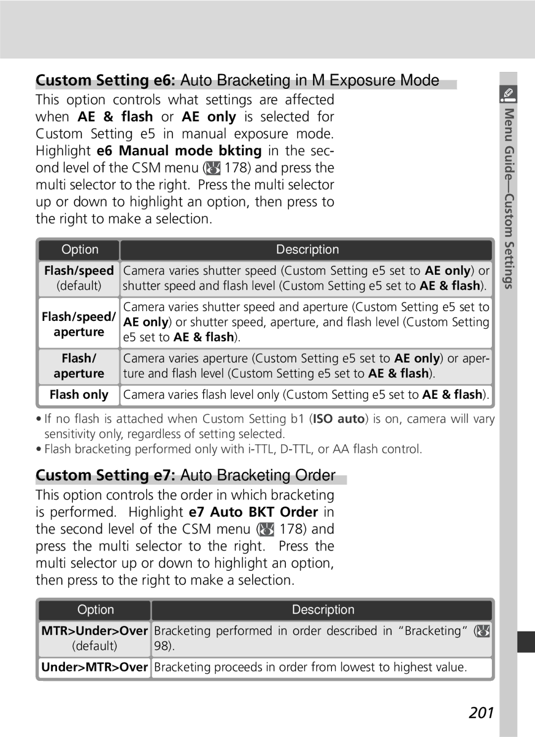 Nikon 25215 manual Custom Setting e6 Auto Bracketing in M Exposure Mode, Custom Setting e7 Auto Bracketing Order, 201 