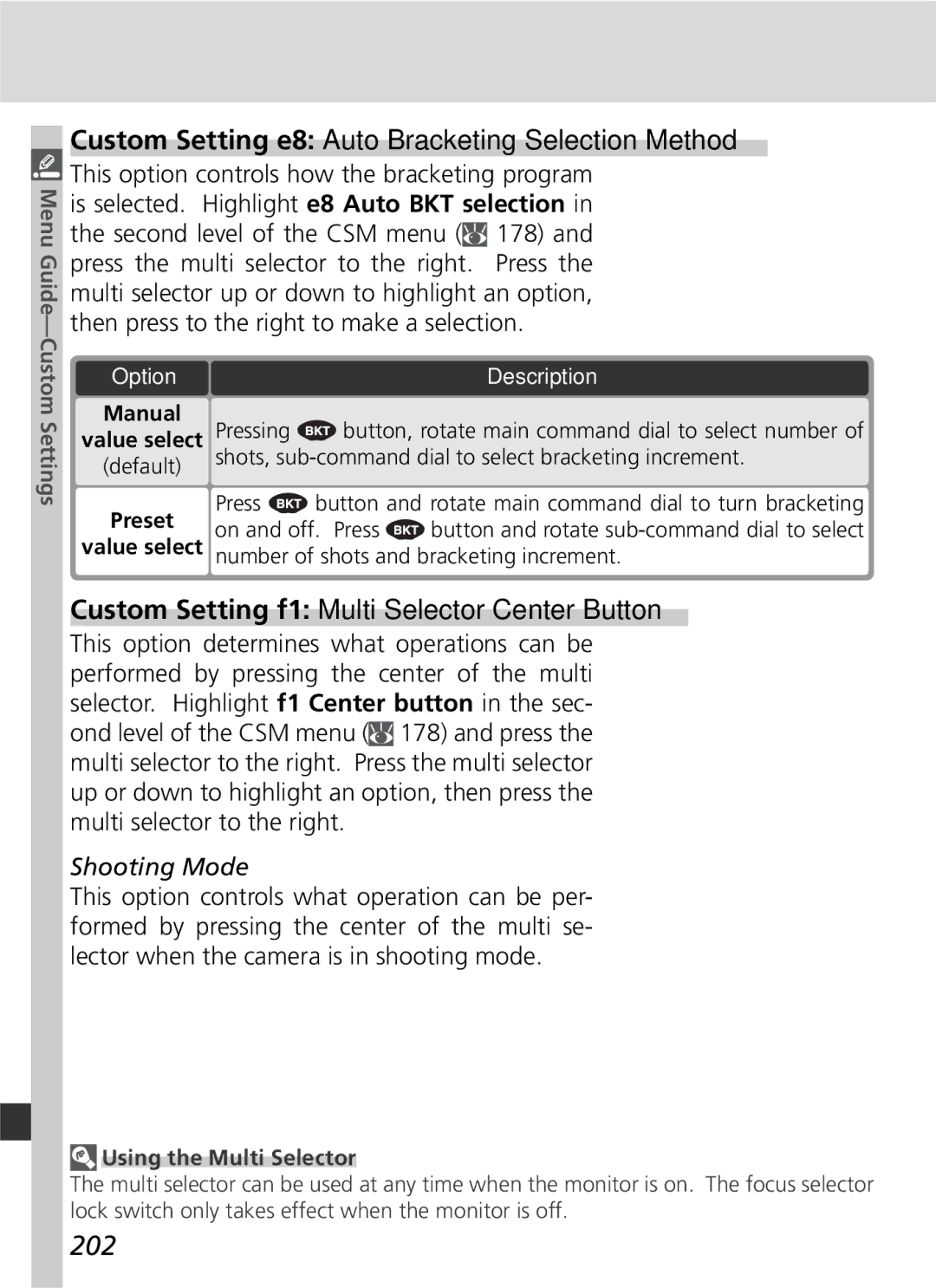 Nikon 25215 manual Custom Setting e8 Auto Bracketing Selection Method, Custom Setting f1 Multi Selector Center Button, 202 